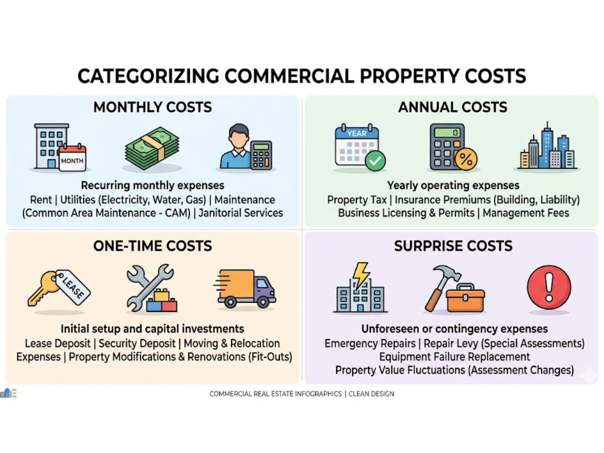 Which Commercial Property Costs Are Monthly, Annual, One-Time, and Surprise/Event-Based?