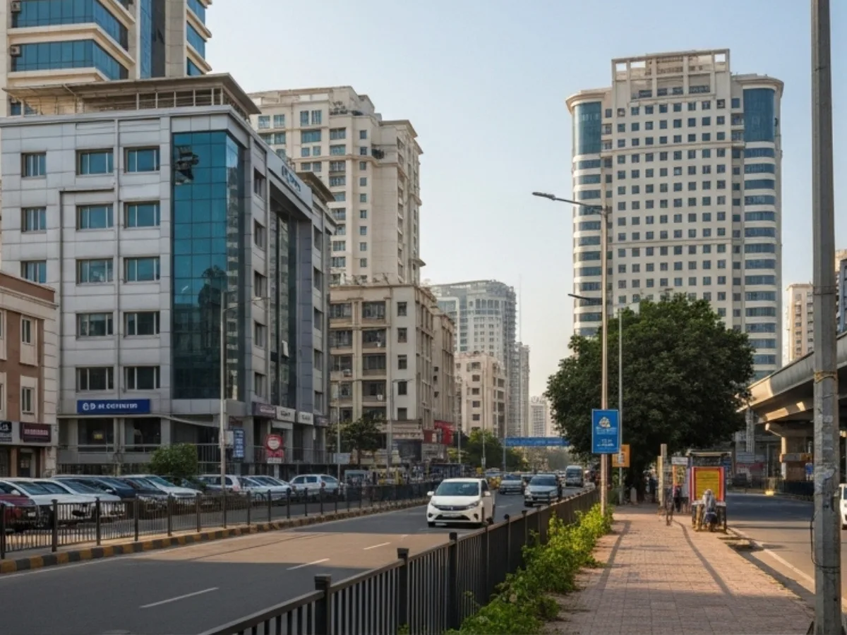 CBD Belapur office market in Navi Mumbai showing older strata offices, maintained office buildings, and a premium modern office tower