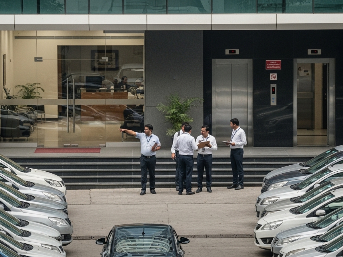 Older office building in CBD Belapur with aging lobby, weaker maintenance, limited parking, and softer business atmosphere