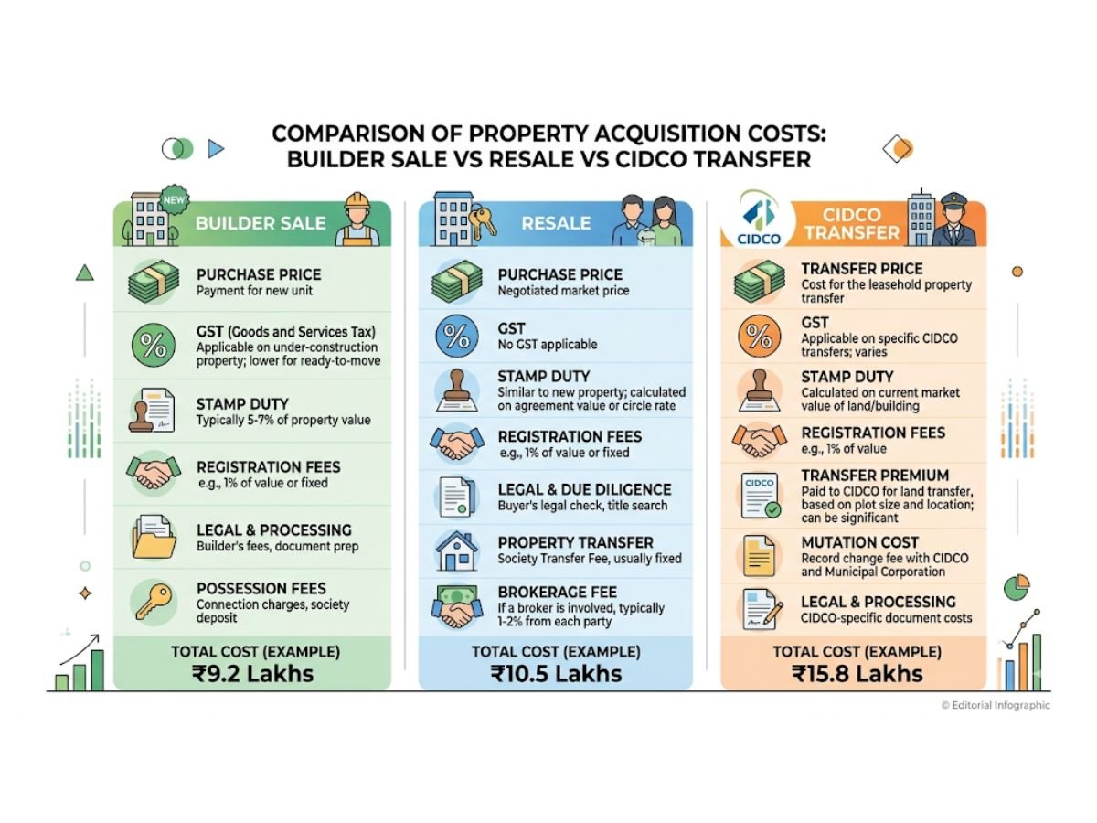 How do costs differ for builder sale, resale, and CIDCO-linked transfer cases?