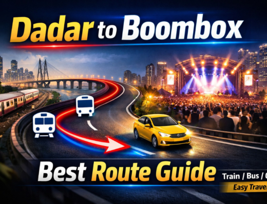 Dadar to Royal Stag Boombox Navi Mumbai route map showing train via Panvel and road via Sion Panvel Highway