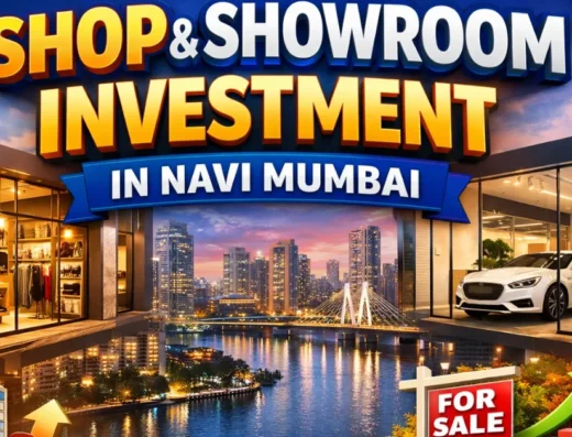 Thumbnail with bold text about shop and showroom investment in Navi Mumbai, modern commercial spaces, city skyline, and investment graphics.
