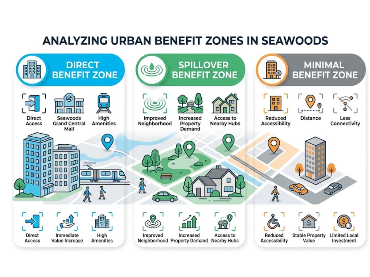 Which Seawoods commercial pockets benefit directly, indirectly, or barely at all