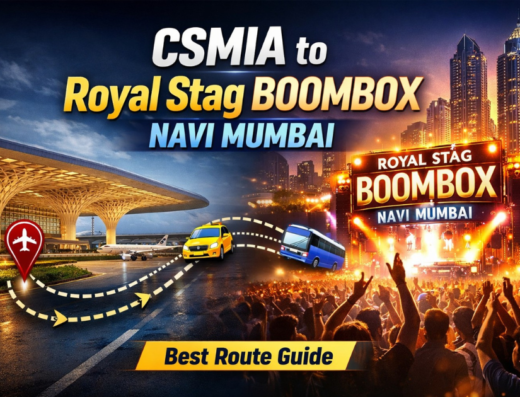CSMIA to Royal Stag Boombox Navi Mumbai route guide thumbnail showing airport, road path with car and bus, and concert venue crowd in Navi Mumbai.