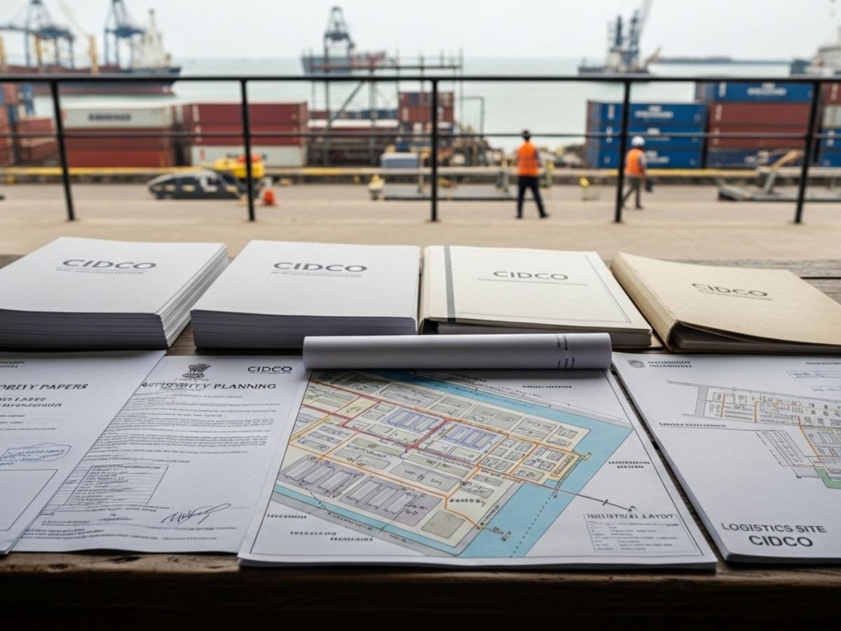 JNPA Uran Dronagiri industrial and port logistics corridor in Navi Mumbai with containers, trucks and warehousing infrastructure