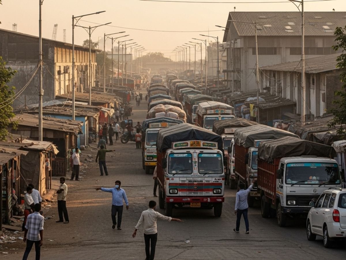 JNPA Uran Dronagiri industrial and port logistics corridor in Navi Mumbai with containers, trucks and warehousing infrastructure