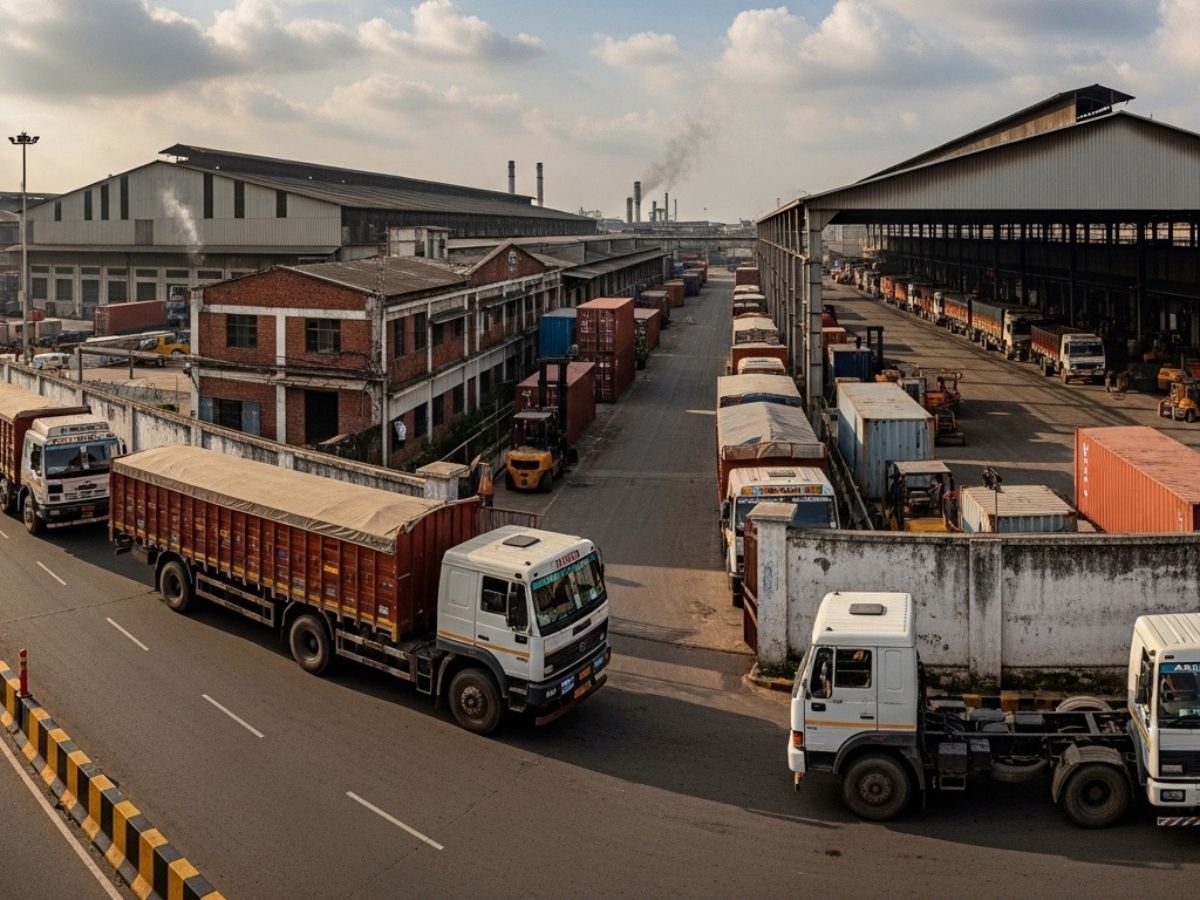 JNPA Uran Dronagiri industrial and port logistics corridor in Navi Mumbai with containers, trucks and warehousing infrastructure