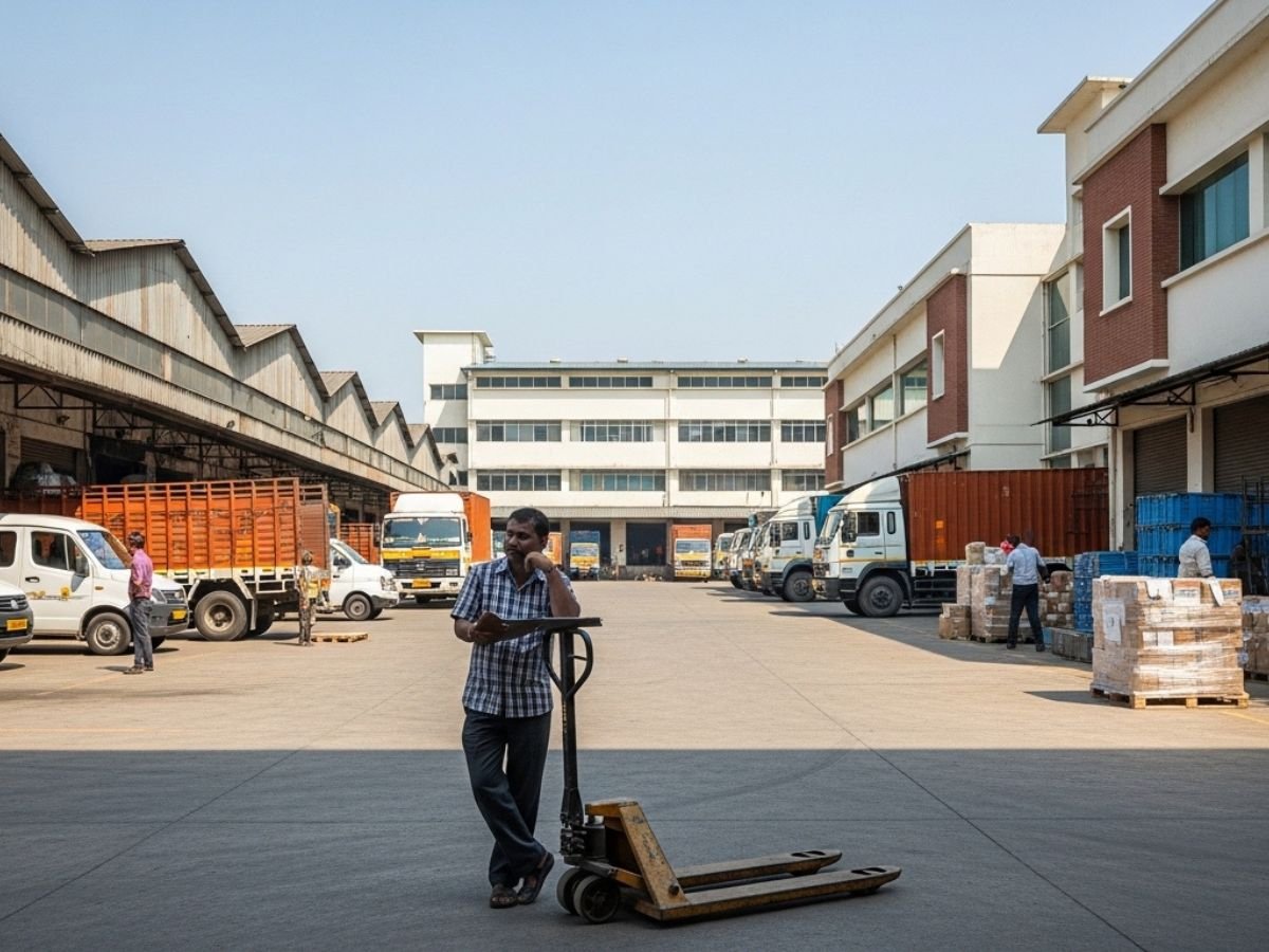 Kalamboli warehousing and logistics belt in Navi Mumbai with trucks, warehouses and highway-linked access