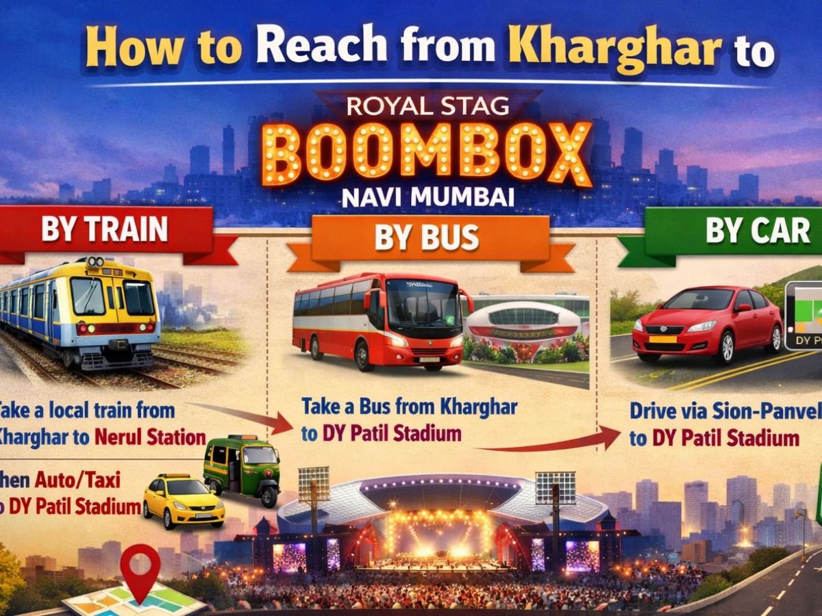 Colorful 169 infographic showing travel options from Kharghar to Royal Stag Boombox Navi Mumbai by train, bus, and car, with transport visuals, route directions, and a concert venue illustration.
