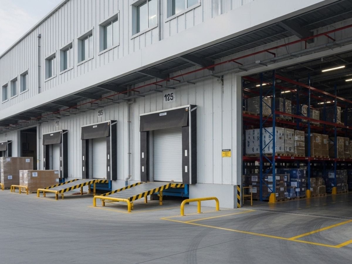 Navi Mumbai highway logistics belt with large warehouses, wide internal roads, loading bays, heavy trucks and trailer movement