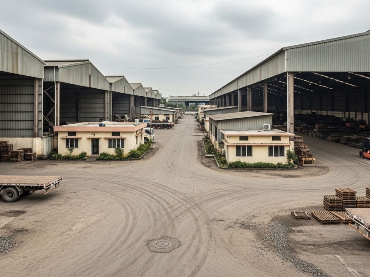 Urban logistics cluster in Navi Mumbai with compact warehouse units, service vans, light commercial vehicles and modern industrial buildings