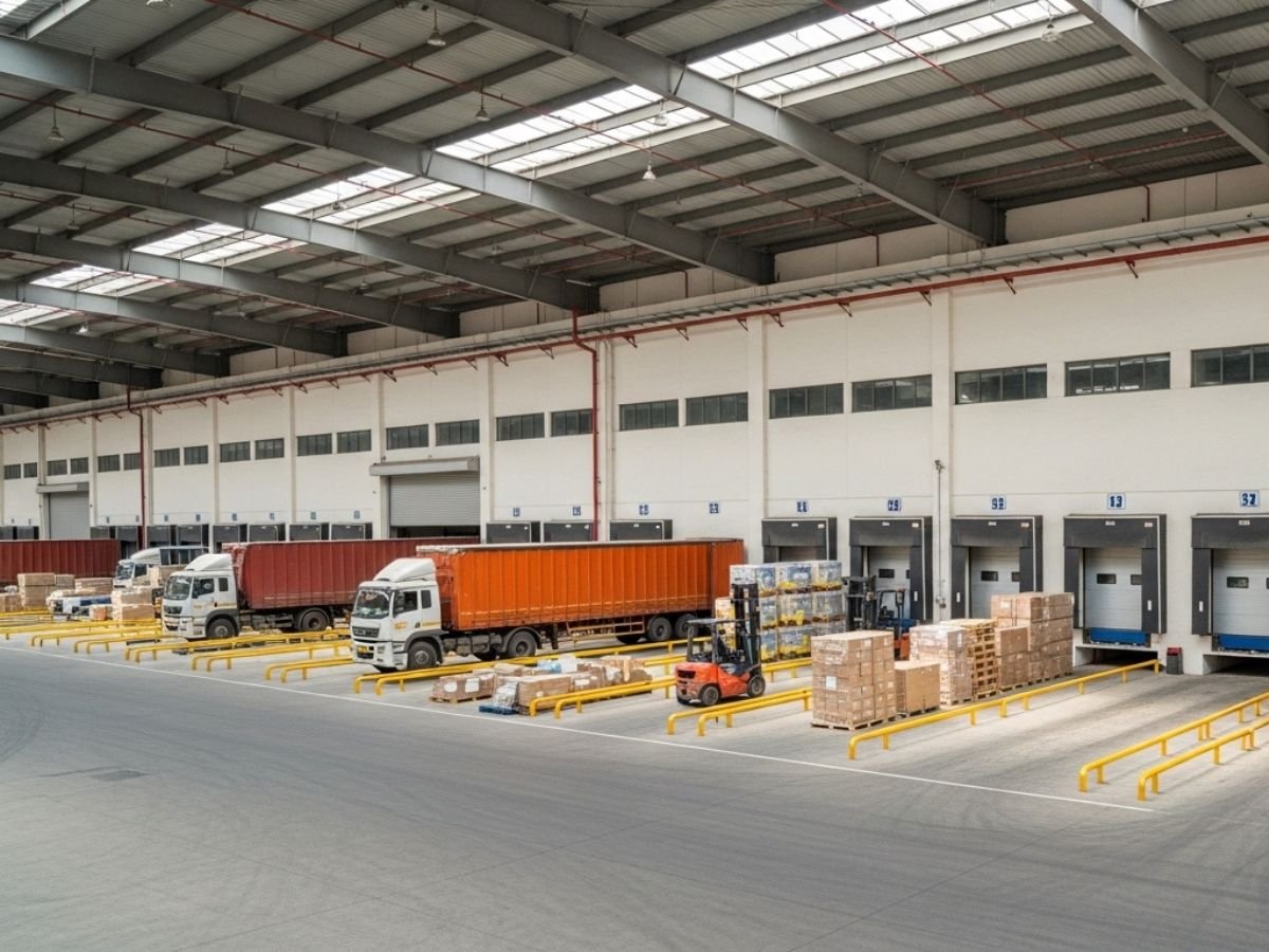 Taloja-style industrial storage belt in Navi Mumbai with heavy sheds, rugged service roads, industrial yards and utility-focused buildings
