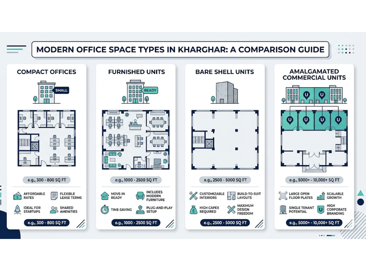 An overview comparing five major commercial buildings and office complexes located in Kharghar, Navi Mumbai, including their key features and suitable business types.