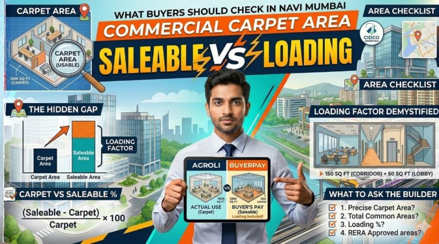 Commercial Carpet Area vs Saleable Area vs Loading in Navi Mumbai: What Buyers Should Check
