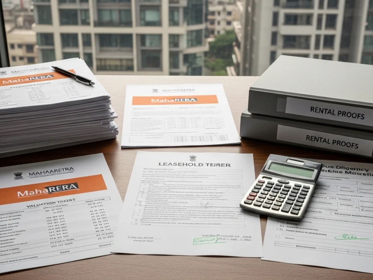Navi Mumbai commercial property comparison showing a retail shop, office building, and industrial commercial unit
