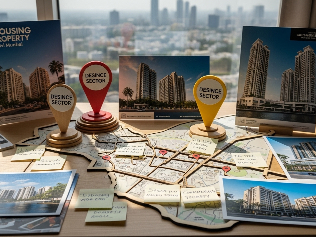 Property buying decision setup in Navi Mumbai with brochures, checklist and calculator