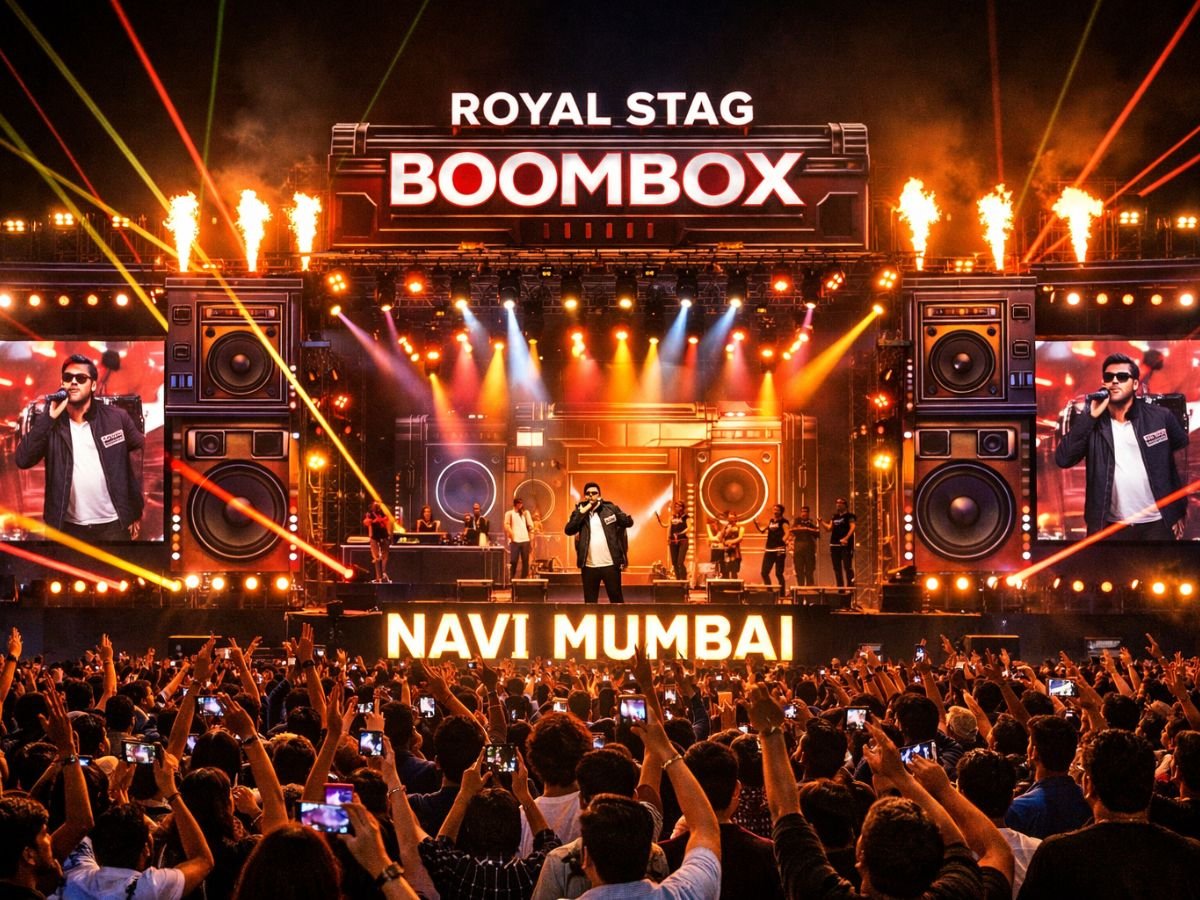 Royal Stag Boombox concert stage in Navi Mumbai with lights, flames, and crowd.