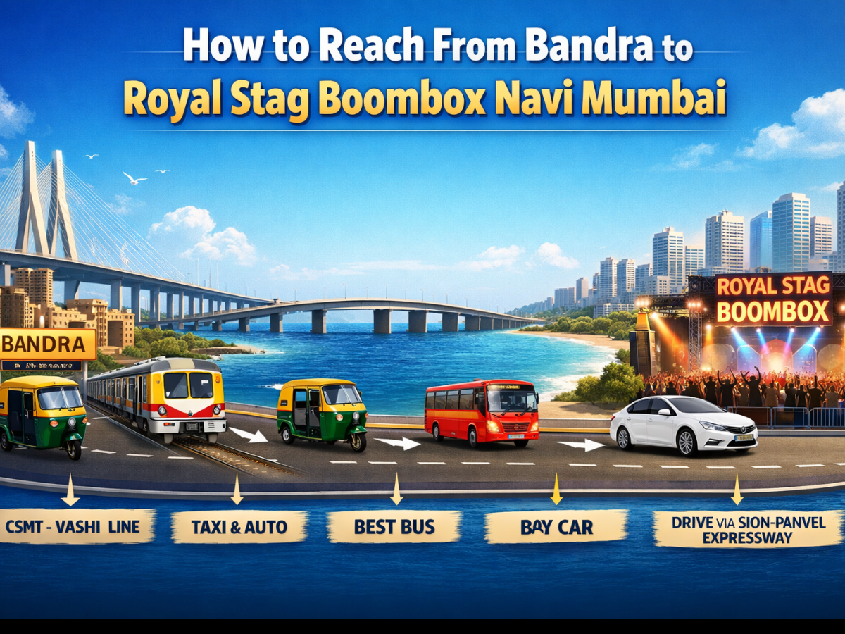 169 infographic showing Bandra to Royal Stag Boombox Navi Mumbai route with train, bus, auto, and car.