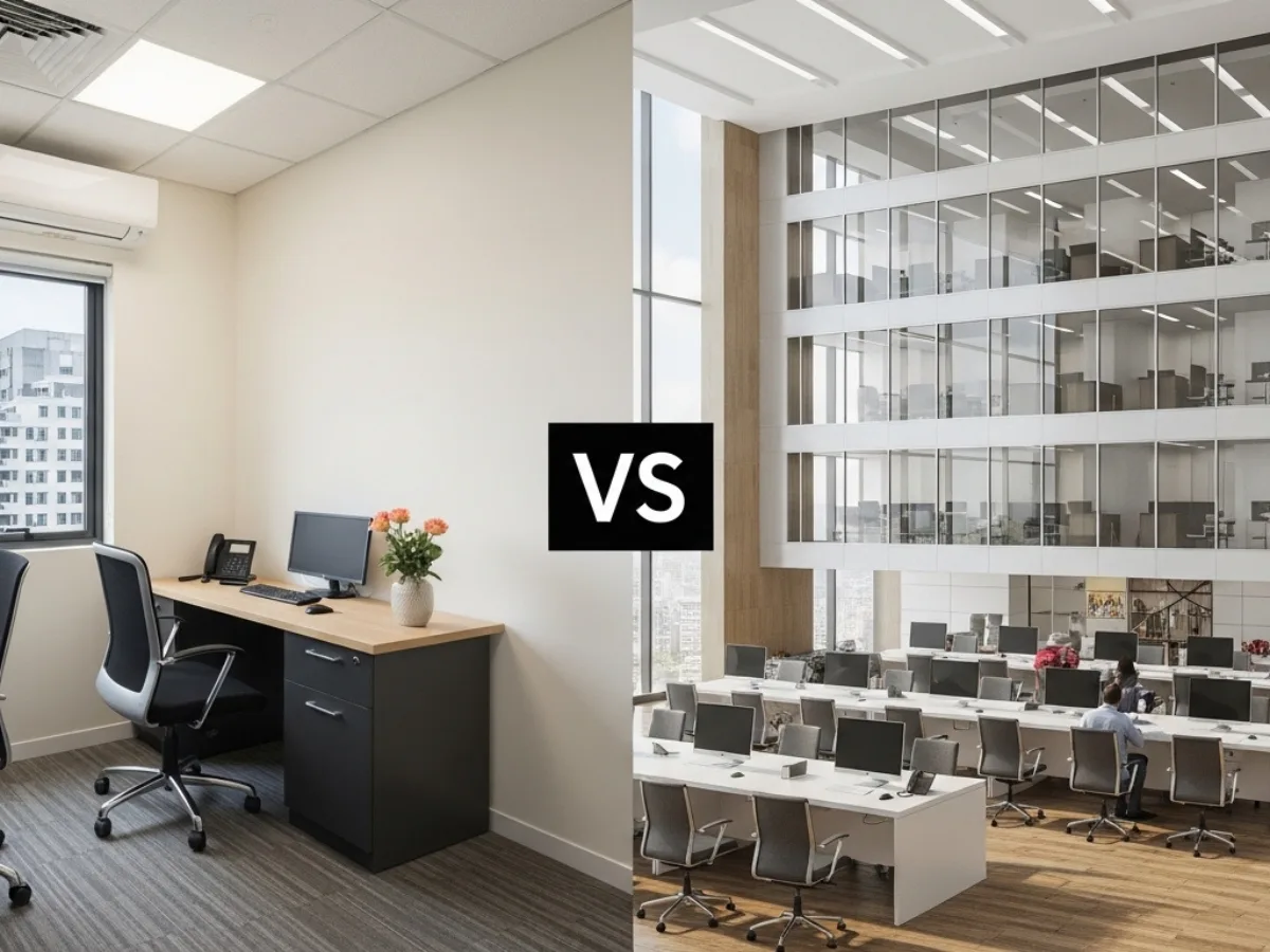 Small office versus full floor office in CBD Belapur showing compact SME workspace and large corporate office setup