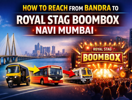 Thumbnail showing Bandra to Royal Stag Boombox Navi Mumbai route with bold headline, transport icons, and concert stage.