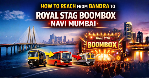 Thumbnail showing Bandra to Royal Stag Boombox Navi Mumbai route with bold headline, transport icons, and concert stage.