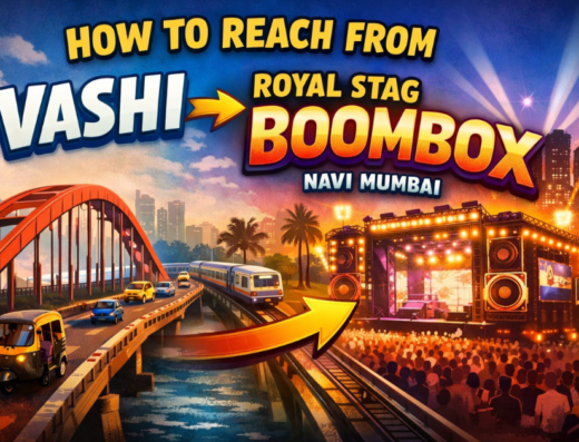 Vashi to Royal Stag Boombox Navi Mumbai travel thumbnail with bridge, vehicles, train, and concert stage.