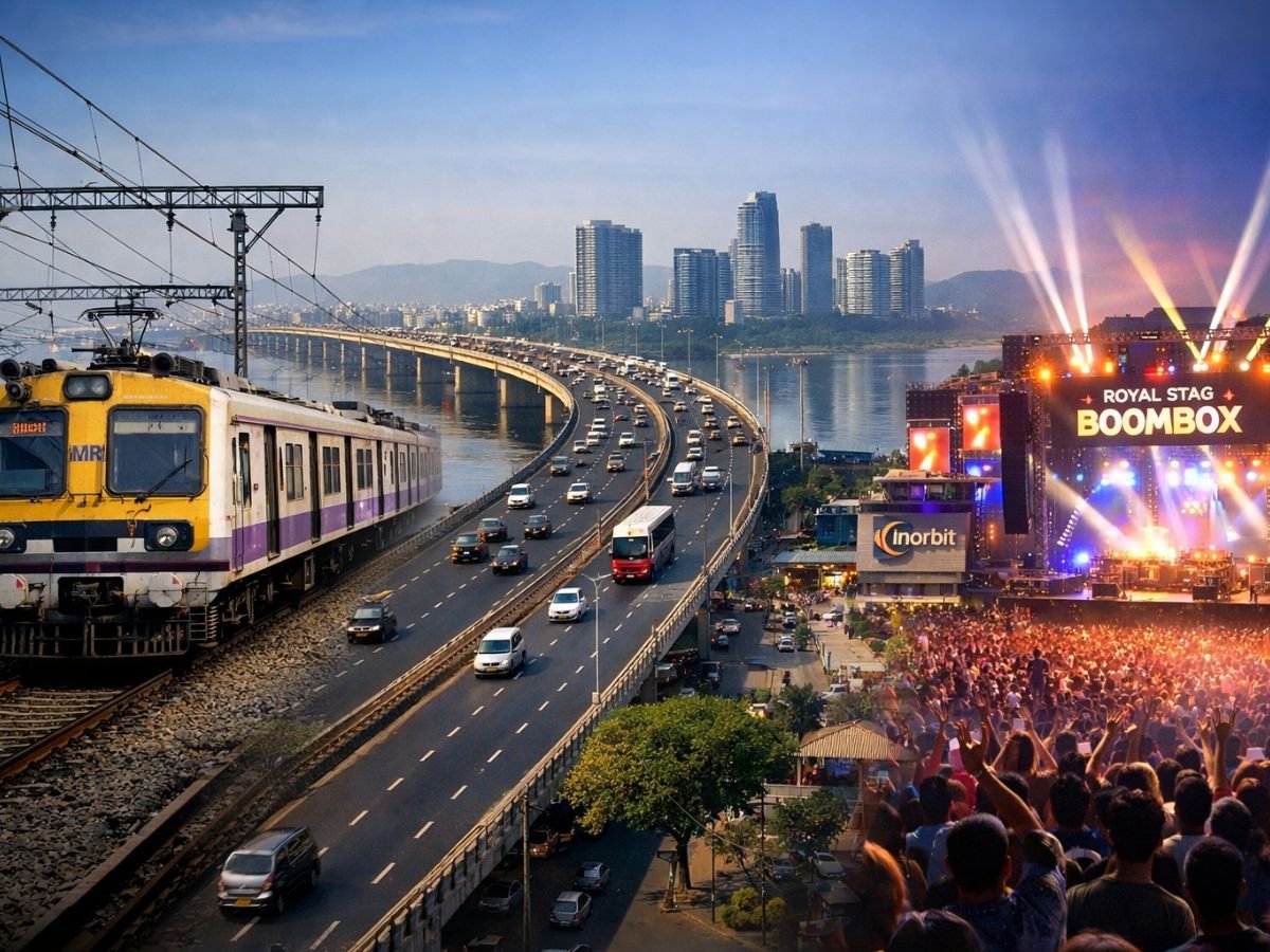 Composite travel-themed image showing a Mumbai local train, Vashi bridge traffic, Navi Mumbai skyline, and a large concert stage with crowd, representing the route from Vashi to Royal Stag Boombox Navi Mumbai.