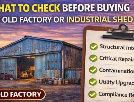 What to Check Before Buying an Old Factory or Industrial Shed is visible in this image.