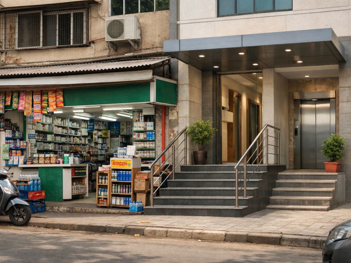 Which side is better for shops, and which side is better for offices is visible in this image.