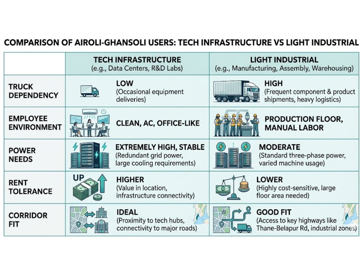 Comparison table: tech infra vs light industrial fit