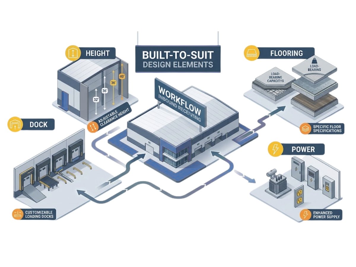 Infographic showing built-to-suit features like clear height, dock planning, floor load, power and workflow design