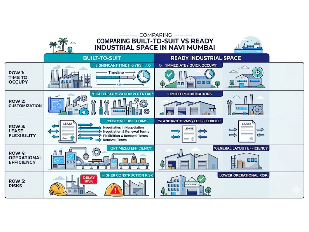 Infographic comparing built-to-suit and ready industrial space showing customization, time, cost and flexibility differences