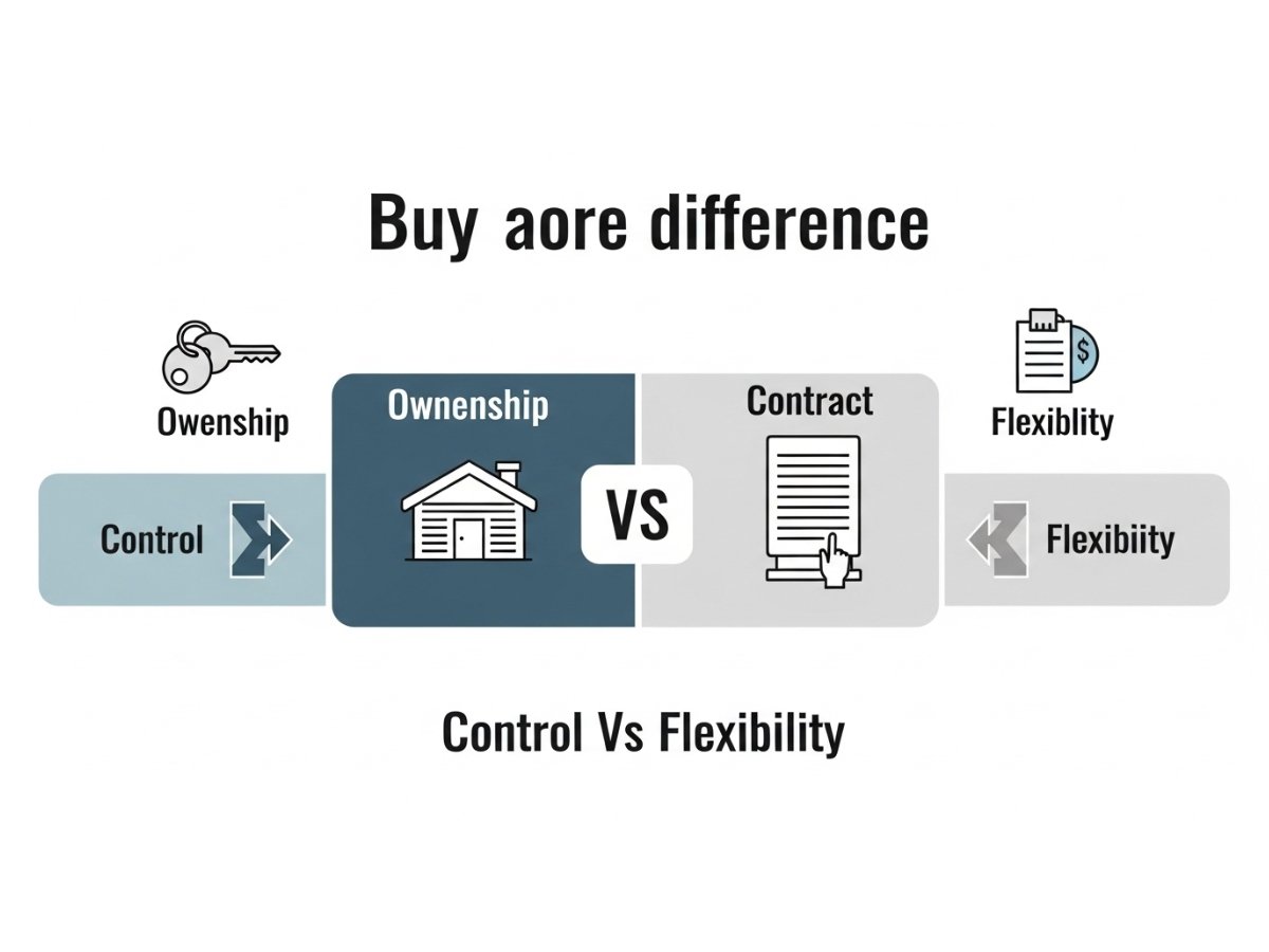 Infographic showing buying as control and leasing as flexibility in industrial property decisions