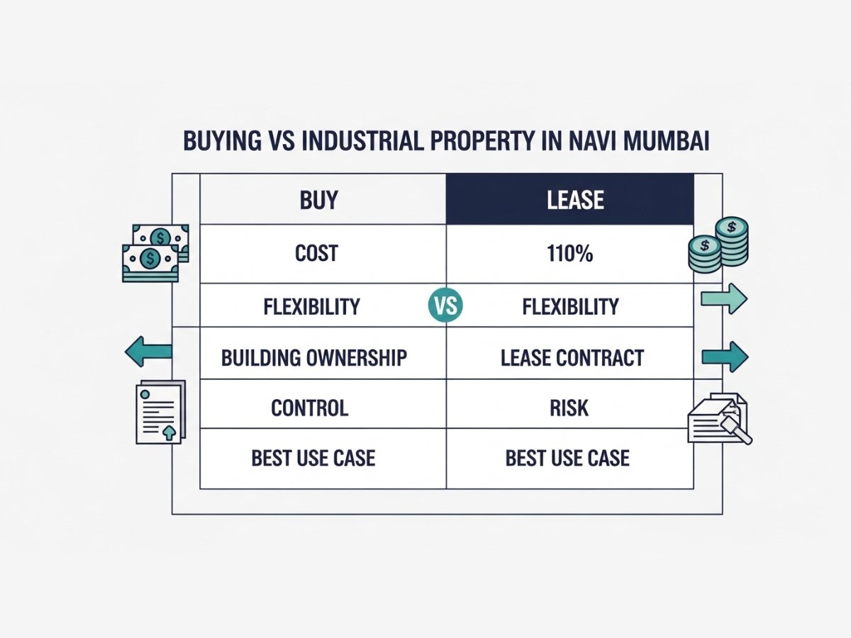 Buy vs lease industrial property comparison table showing cost, flexibility, control, and risk differences in Navi Mumbai