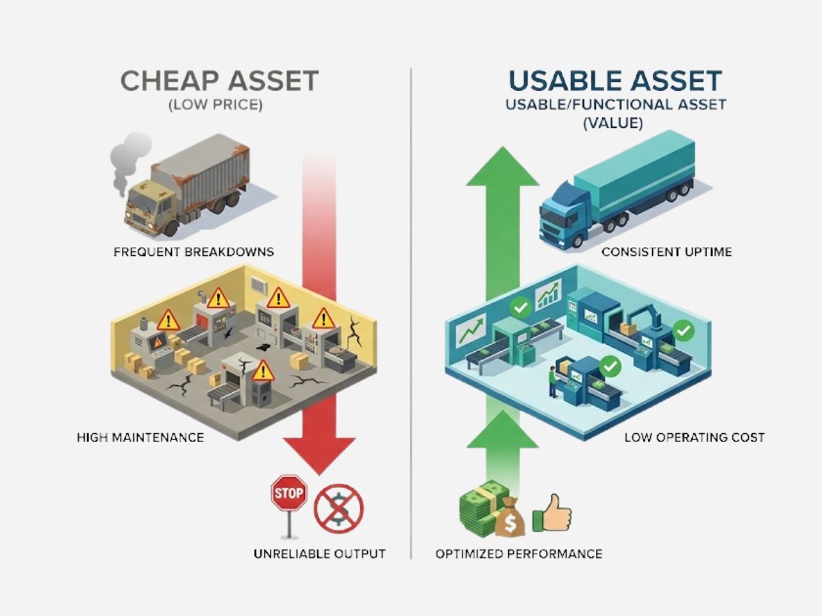 Infographic showing risks of cheap industrial property like poor truck access, low height, weak structure and usability issues