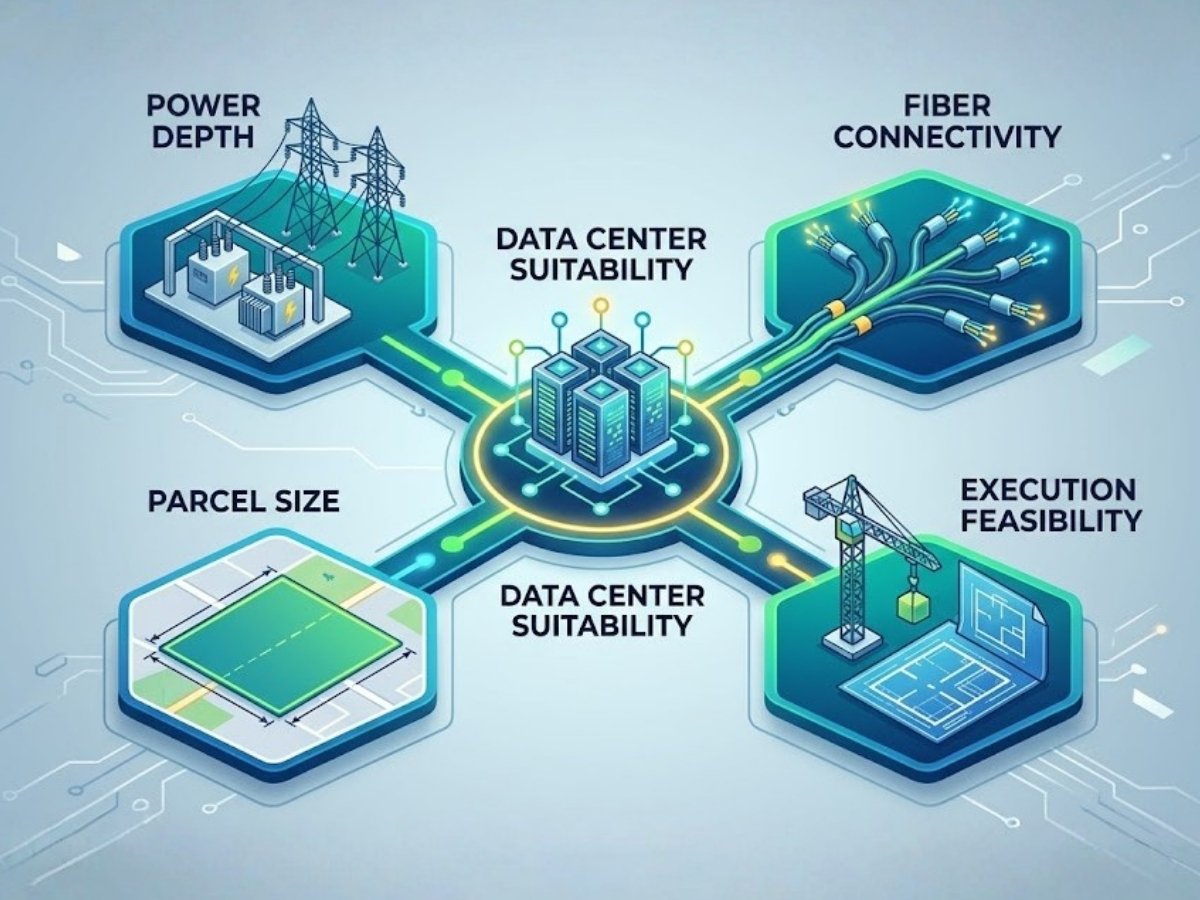 Infographic showing key factors like power, fiber, land size and infrastructure required for data center land suitability