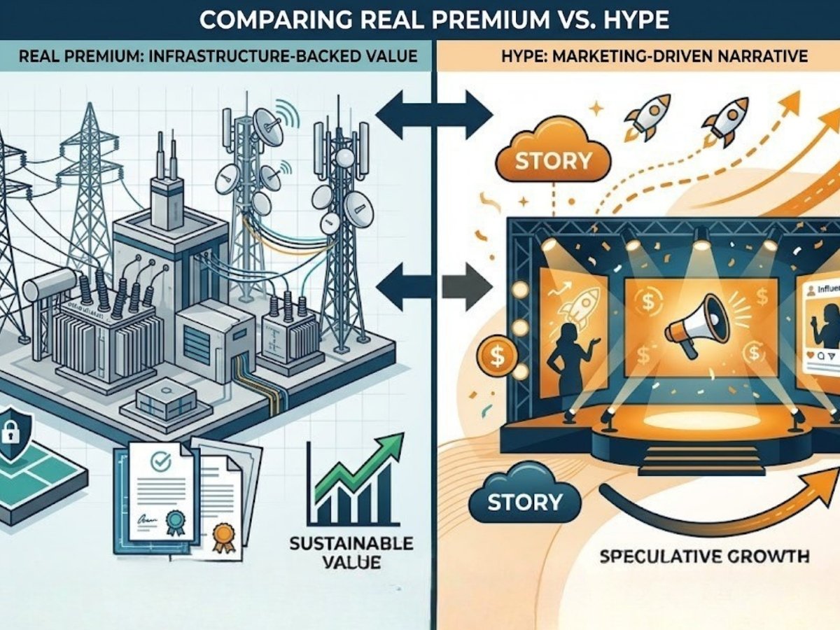 Infographic comparing real data center premium factors versus hype driven factors in industrial land pricing