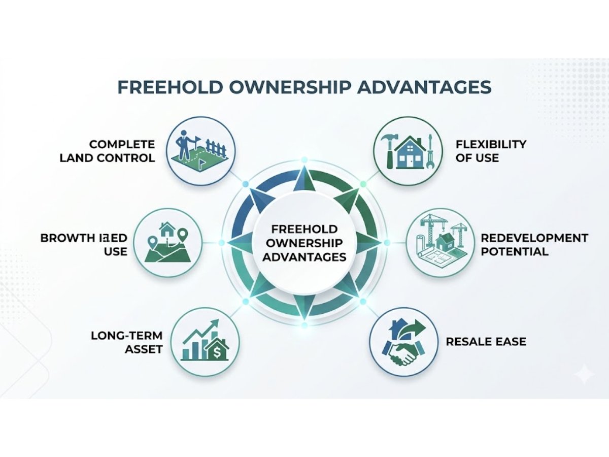Infographic showing advantages of freehold industrial property like full control, easier resale and redevelopment flexibility