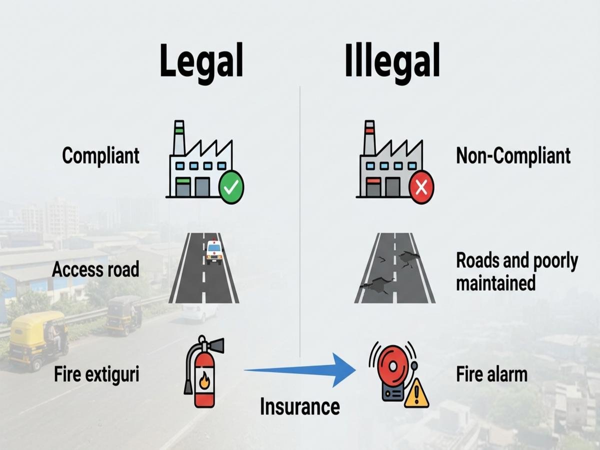 How Do Fire Safety, Access Roads, and Building Condition Affect Factory Legality and Insurance? is visible in this image