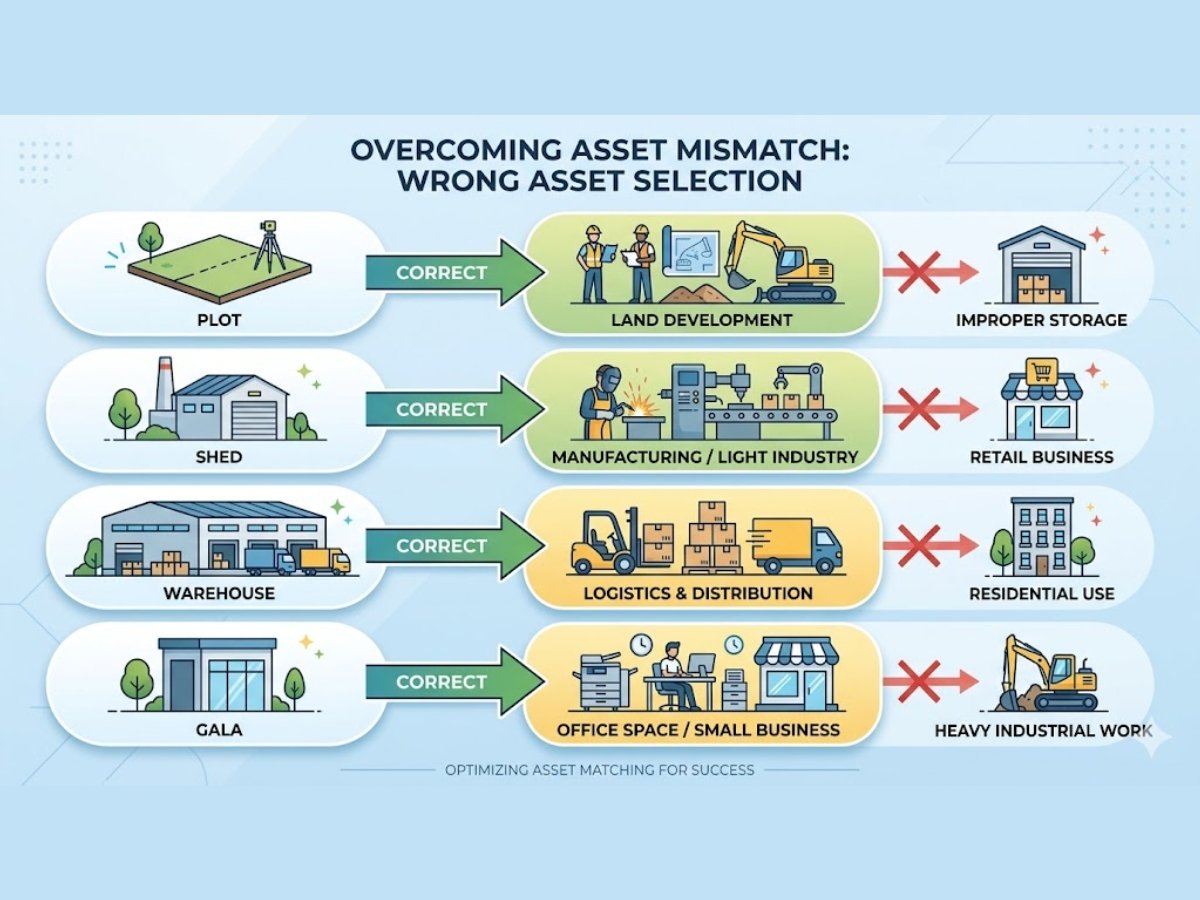Infographic showing mismatch between industrial asset types like plot, shed, warehouse and actual user demand
