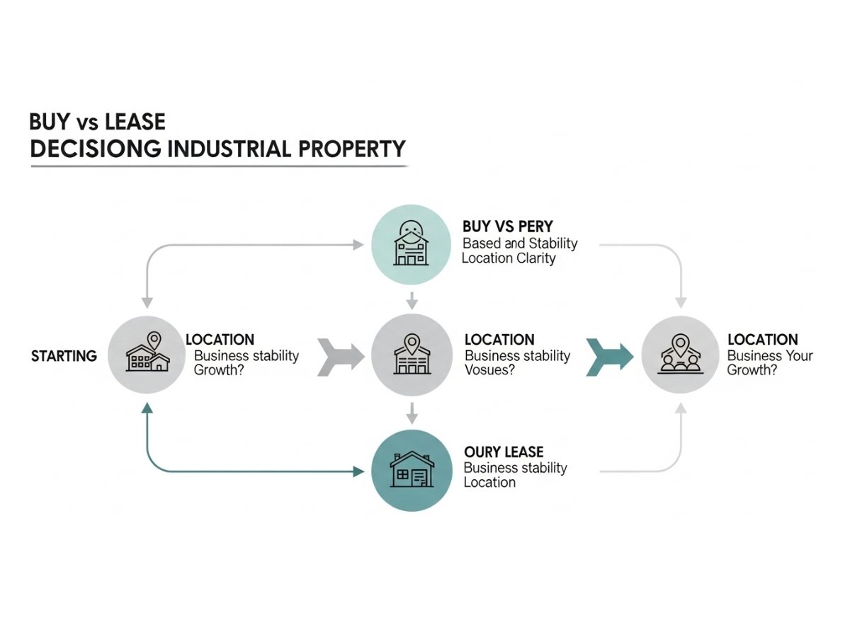 Decision flowchart for choosing buy or lease industrial property based on business stability and location certainty