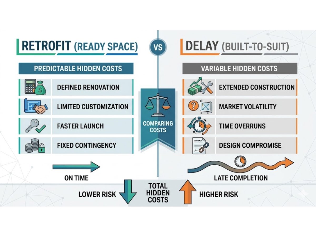 Infographic comparing hidden costs of ready space like retrofit and built-to-suit like delay and lock-in