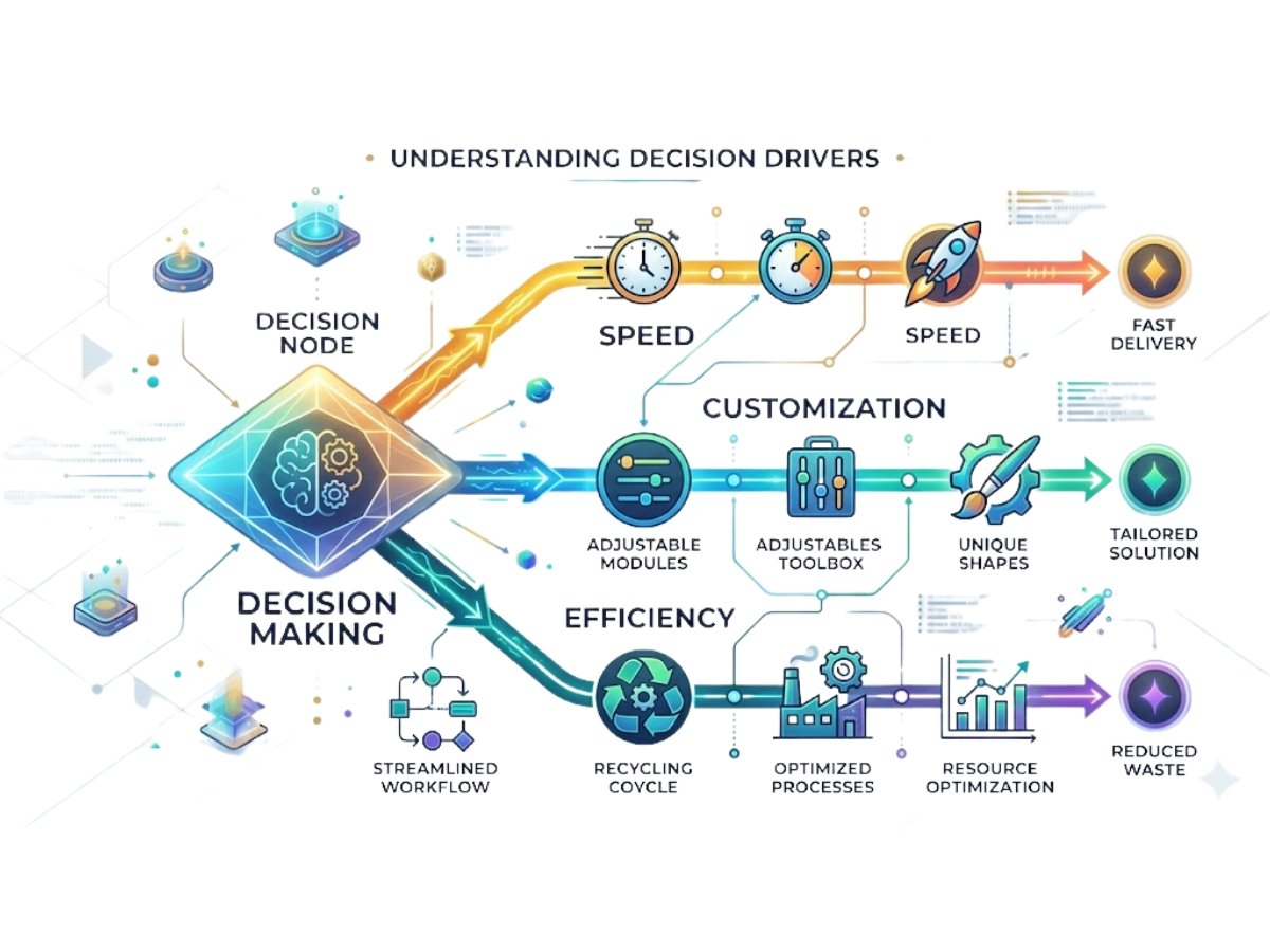 Infographic showing decision between speed, customization and long-term efficiency for industrial space selection