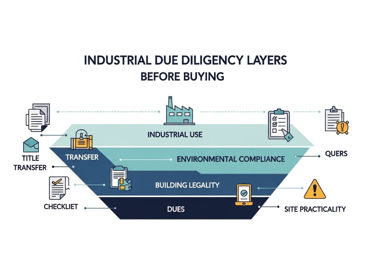 Infographic showing layers of industrial property due diligence including title, transfer, compliance, building and site usability