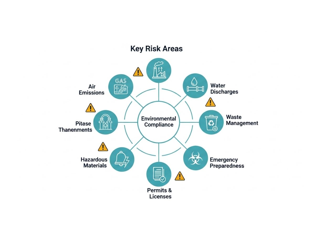 Infographic showing environmental compliance checks like MPCB consent, CETP linkage, effluent treatment and waste handling