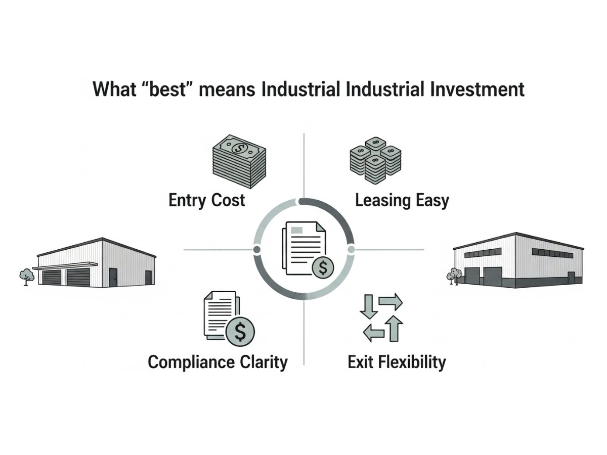 Infographic showing key decision factors like entry cost, tenant demand, compliance, and exit flexibility for industrial investment
