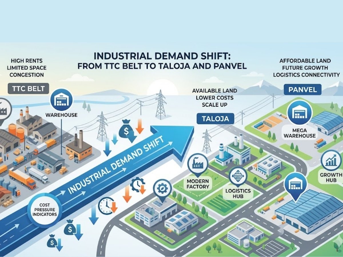 Infographic showing shift of industrial and warehouse demand from TTC areas to Taloja and Panvel due to rising land competition