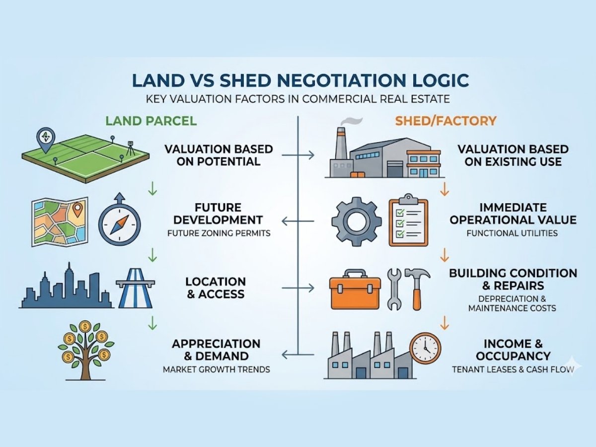 Infographic comparing negotiation approach for industrial land versus industrial shed including risks and cost factors