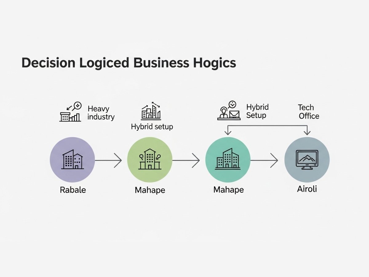 Infographic showing decision model based on business type to choose Rabale, Mahape or Airoli industrial area