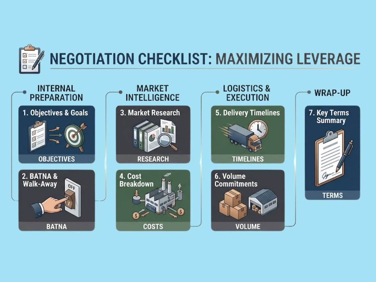 Infographic showing 7 key checks for industrial property negotiation including title, access, power, structure and approvals
